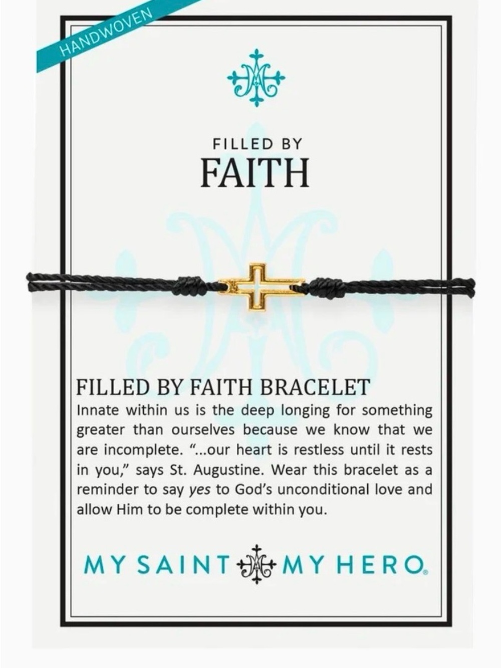 Filled By Faith Handwoven Bracelet with Gold Cross on Black Cord